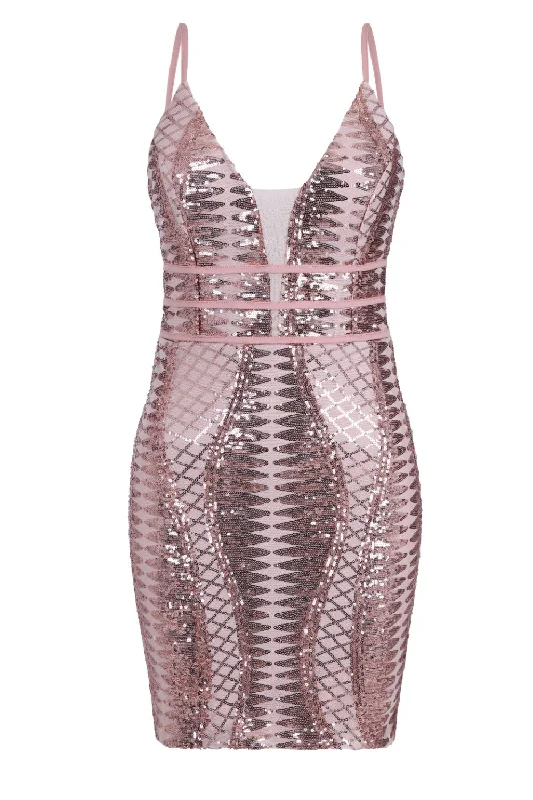 Limelight Rose Gold Nude Plunge Cage Sequin Bandage Illusion Mini Dress Elegant Satin Mini Dress