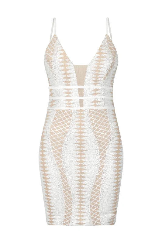 Limelight White Nude Plunge Cage Sequin Bandage Illusion Mini Dress Fashionable Button-Front Mini Dress