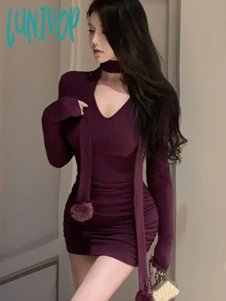 Lunivop Sexy Mini Dress Women Autumn Spring V-neck Halter Long Sleeve Wrap Hip Slim Korean Style Y2K Fashion Solid Simple Vestidos Mujer Trendy Mini Dress with Belt