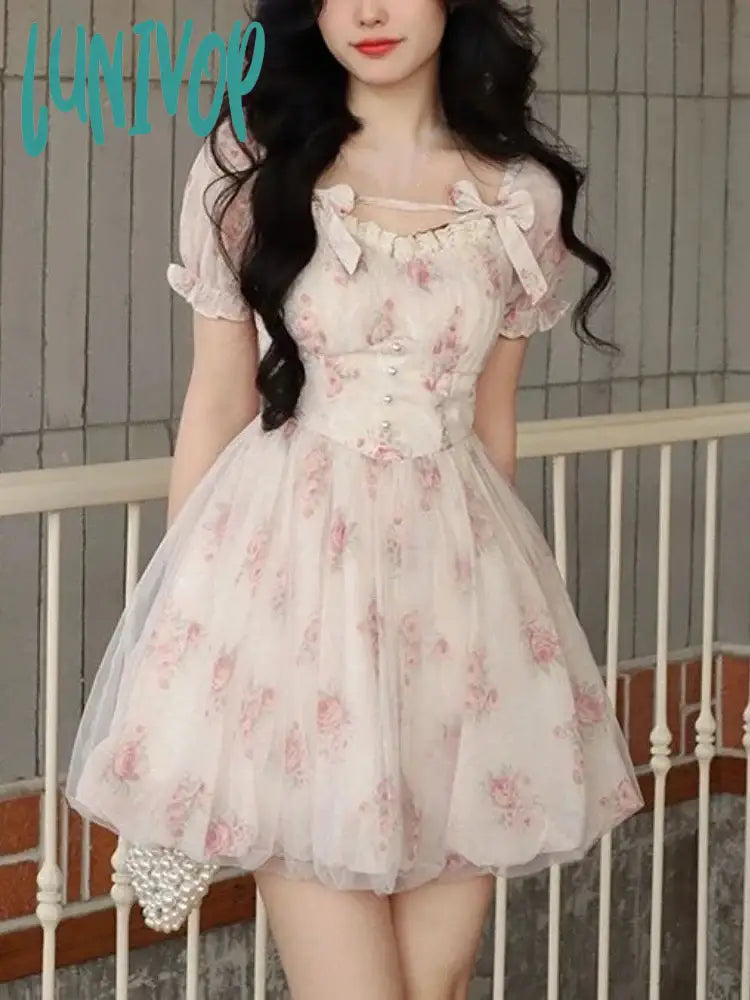 Lunivop Sweet Floral Fairy Mini Dress Summer Kawaii Puff Sleeve Mesh Spliced Birthday Dresses Women Fashion A-line Vestidos Lady Clothes Classic Casual Mini Dress