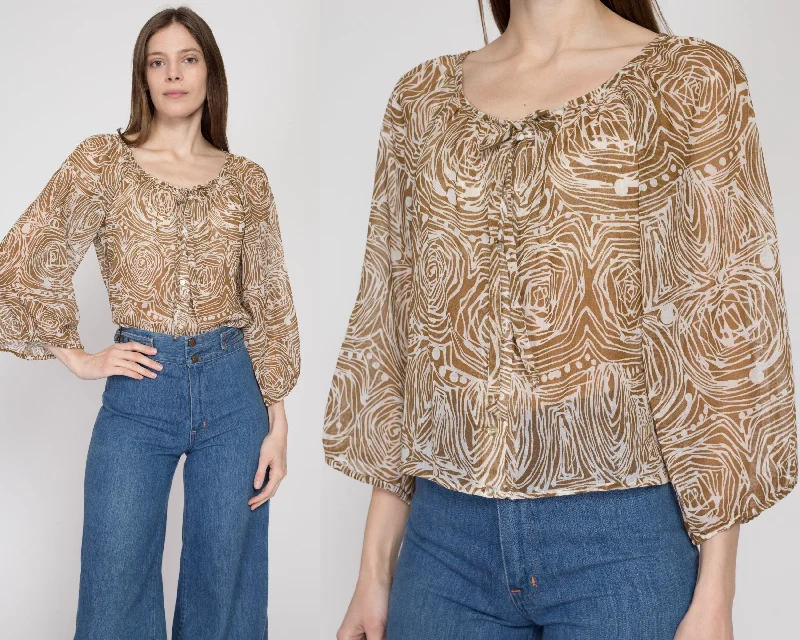 Med-Lrg 70s Boho Sheer Abstract Print Balloon Sleeve Blouse Short Sleeve Blouse