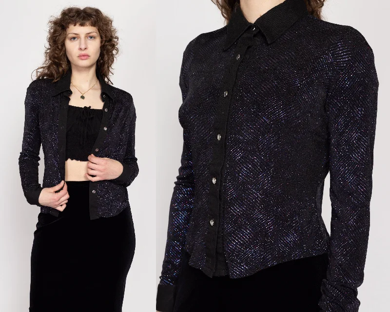 Med-Lrg 80s Banjo Texas Black & Purple Sparkle Western Blouse Smart Casual Blouse