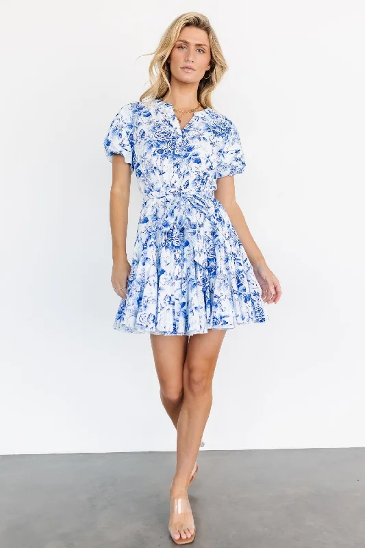 Mikki Mini Dress | White + Blue Trendy Button-Detail Mini Dress