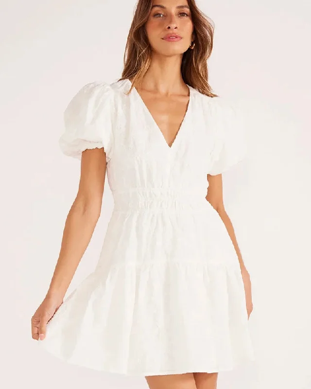 MinkPink Neve Puff Sleeve Mini Dress In Ivory Stylish Sweetheart Neck Mini Dress