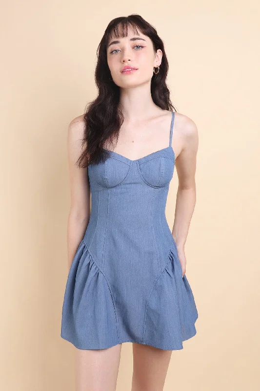 MONA BUSTIER MINI DRESS IN BLUE DENIM Classic Striped Mini Dress