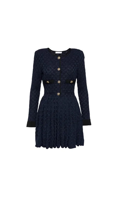 NAVY WEAVE KNIT MINI DRESS Elegant Mini Dress with Pleats