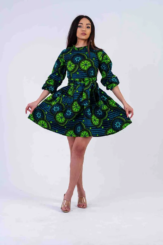 Ola Mini Dress | Green African Print Fashionable Party Mini Dress