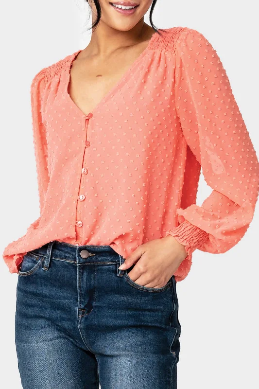 Pin Dot Smocked Detail V-Neck Blouse Pastel Color Blouse