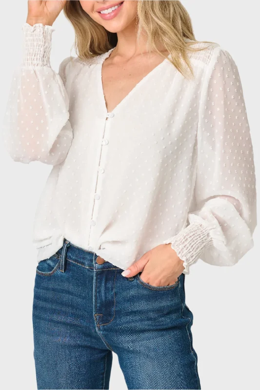 Pin Dot Smocked Detail V-Neck Blouse Oversized Silk Blouse