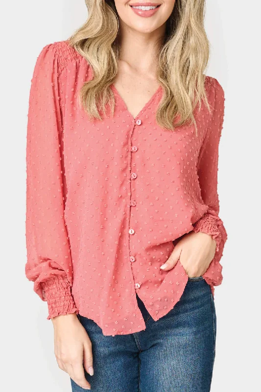 Pin Dot Smocked Detail V-Neck Blouse Puff Sleeve Blouse