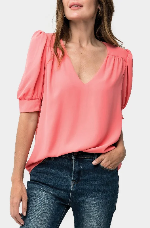 Puff Sleeve V-Neck Blouse Double-Layered Blouse