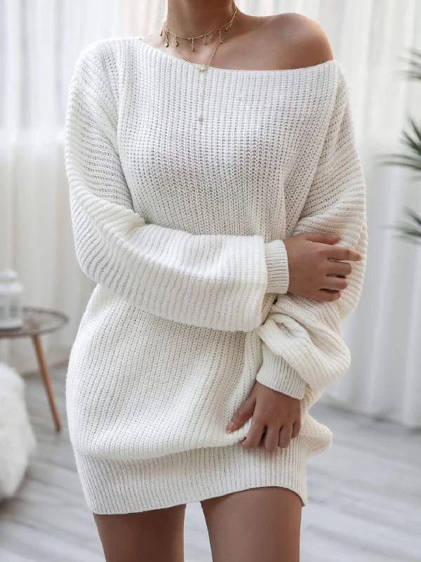 Rib-Knit Balloon Sleeve Boat Neck Sweater Mini Dress Fashionable Pleated Mini Dress