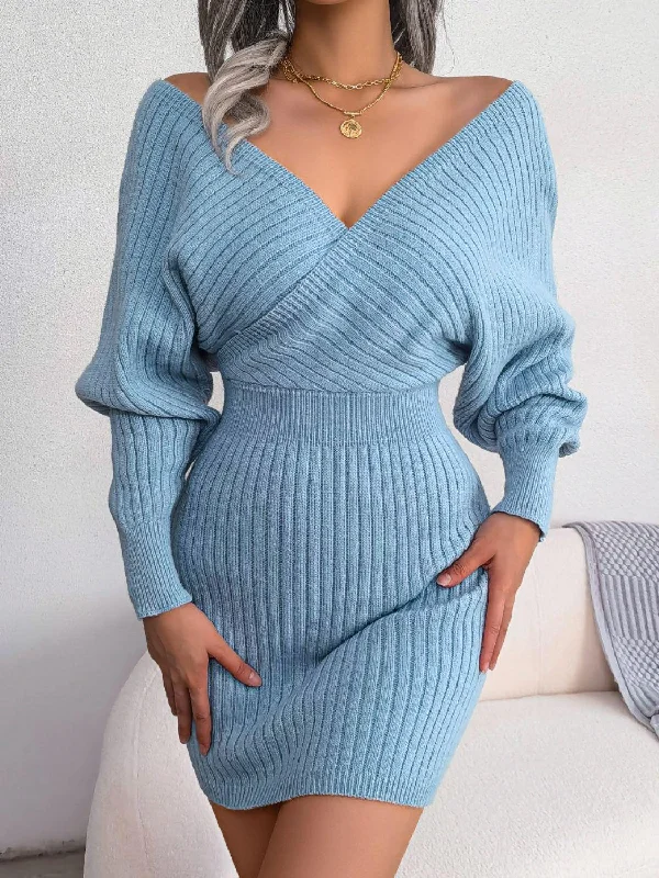 Blue Zone Planet |  Rib-Knit Dolman Sleeve Sweater Mini Dress Elegant Mini Dress with Pleats