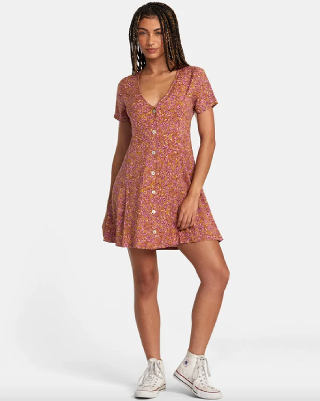 RVCA Womens Understated Mini Dress - Brown Stylish Button-Down Mini Dress