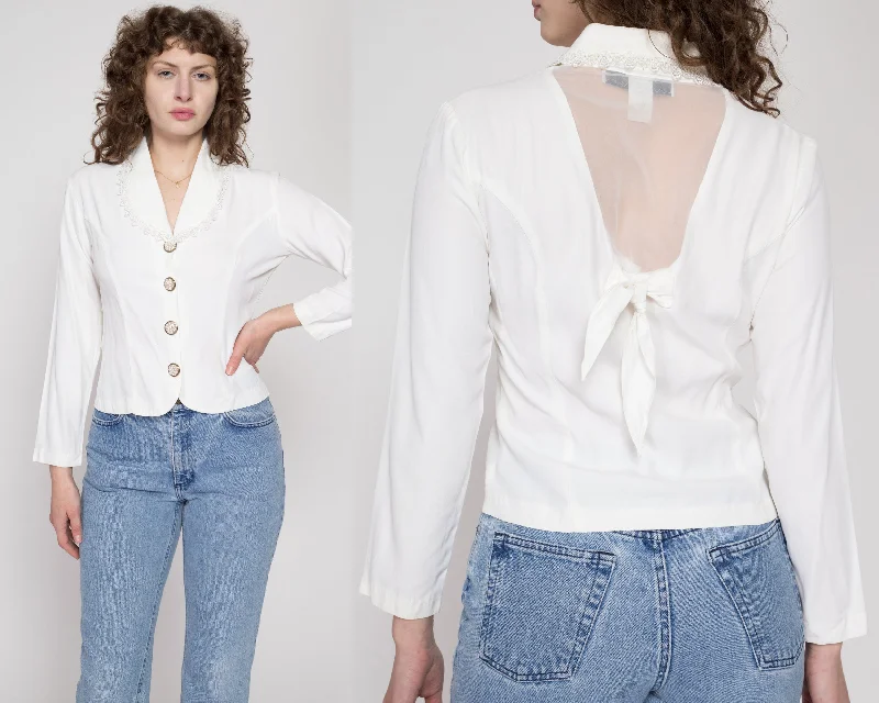 Small 80s White Sheer Panel Collared Blouse Oversized Silk Blouse