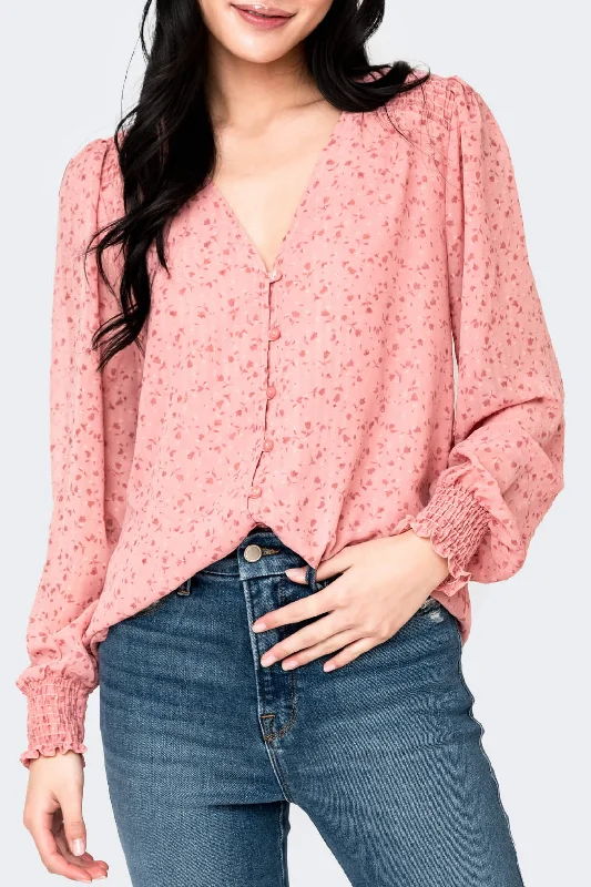 Pin Dot Smocked Detail V-Neck Blouse Business Casual Blouse