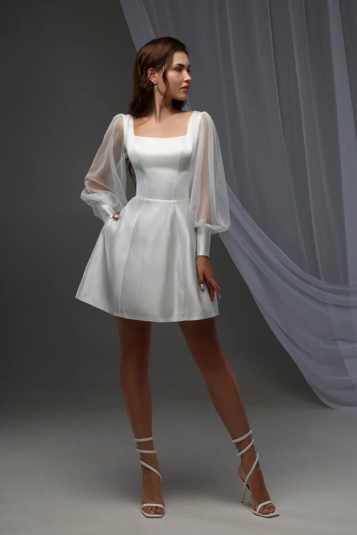 Square Neckline Bridal Mini Dress With Organza Long Sleeves Trendy Mesh Mini Dress