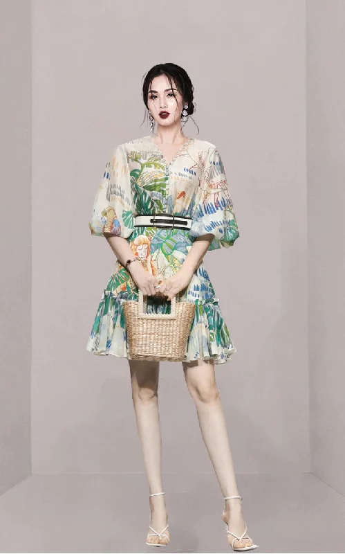 Summer Vintage Print Elegant V-Collar Lantern Sleeve Mini Dress CODE: KAR2230 Stylish Puff Sleeve Mini Dress