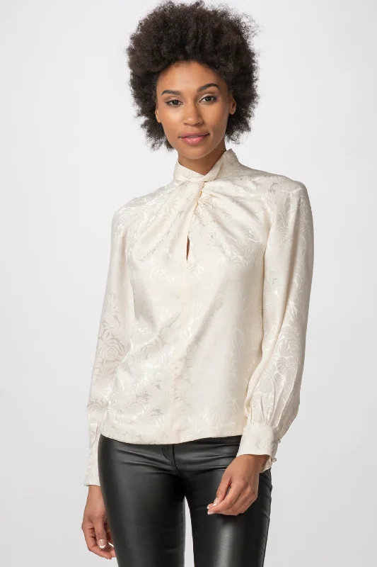 Twisted Silk Mock Turtleneck Blouse Drape Neck Blouse