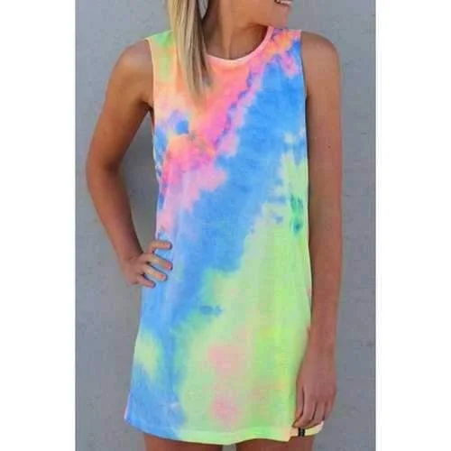 Sweet Style Round Neck Sleeveless Tie-Dyed Colorful Women's Mini Dress - S Modern Satin Mini Dress