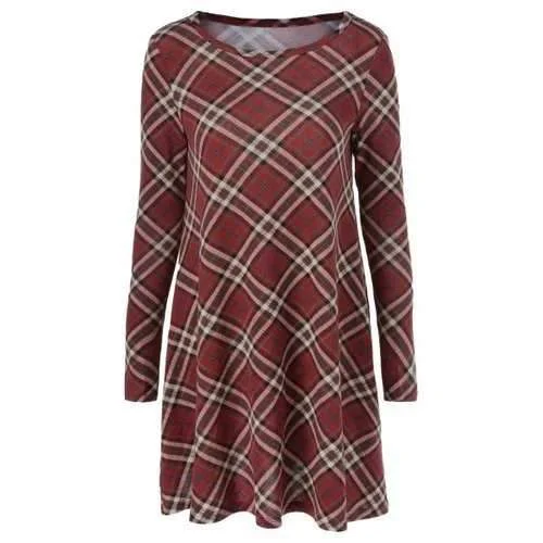 Long Sleeve Plaid Tunic Mini Dress - Checked M Stylish Sweetheart Neck Mini Dress