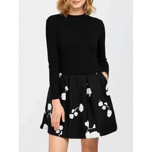 Long Sleeve Flower Knitted Mini Dress - Black S Chic Halter Mini Dress