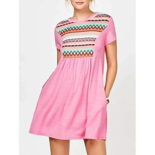 Geometric Print Mini Dress with Pocket - Pink M Fashionable Lace Mini Dress