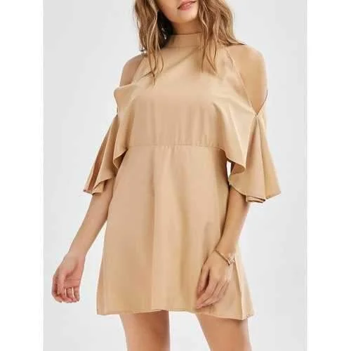 Cold Shoulder Mock Neck Mini Dress - Khaki Xl Comfortable Zip-Up Mini Dress