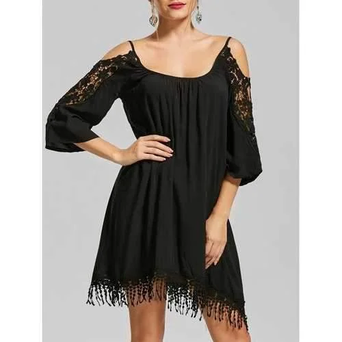 Cold Shoulder Lace Trim Fringe Mini Dress - Black S Chic Tropical Mini Dress