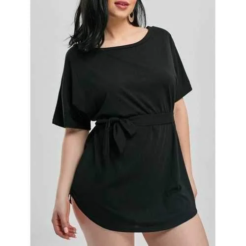 Casual Mini Dress with Belt - Black 2xl Comfortable Fit-and-Flare Mini Dress