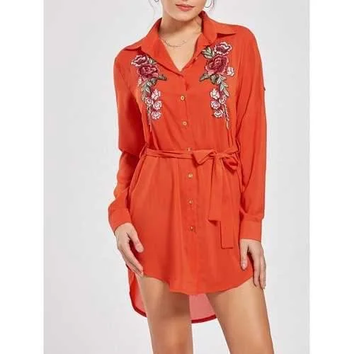 Long Sleeve Embroidered Shirt Mini Dress - Orange Xl Stylish Plaid Mini Dress