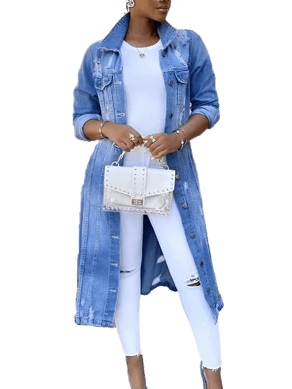 Women's Long Ripped Denim Jacket Fleece Jacket Down Jacket Feather Jacket