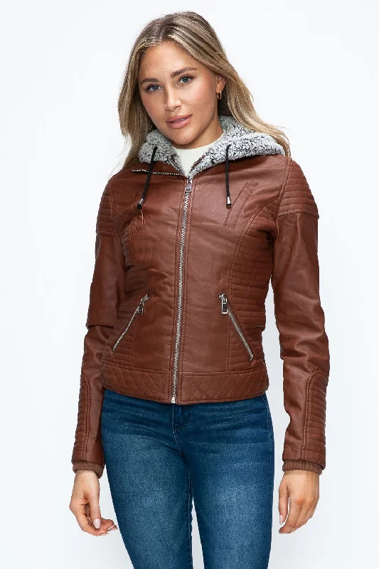 YMI Faux Layered Double-Zipper Jacket with Fuzzy Hood In Brandy Mesh Jacket Canvas Jacket Denim Jacket