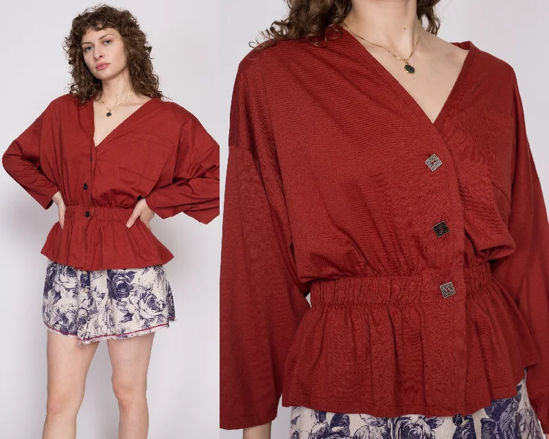 80s Rust Red Batwing Sleeve Blouse - Medium Peter Pan Blouse