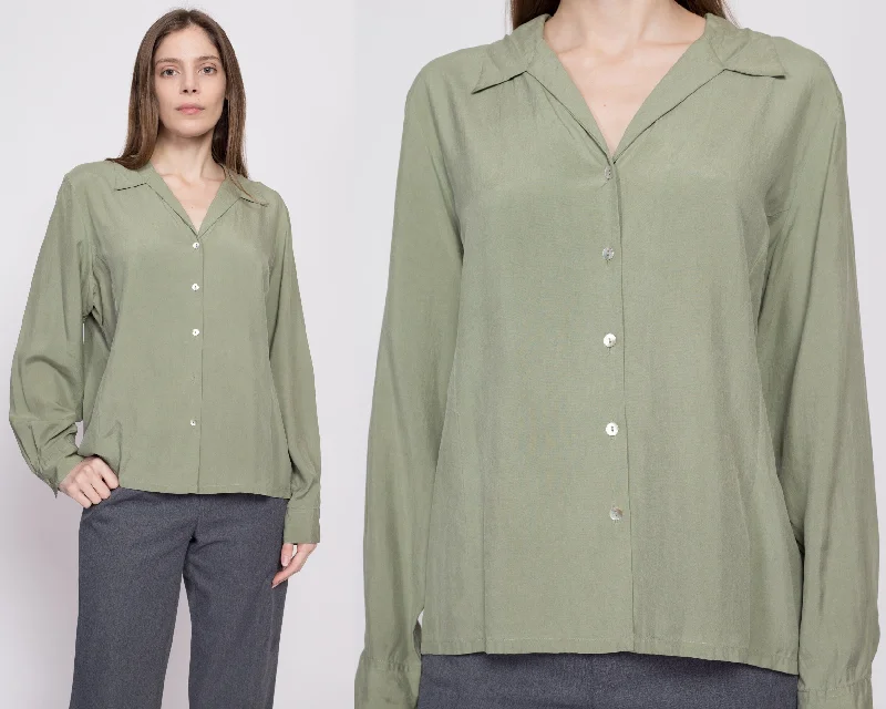 90s Sage Green Silk Blouse - Extra Large Delicate Pleat Blouse