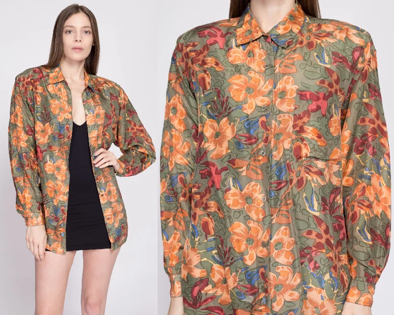 90s Silk Earth Tone Floral Blouse - Medium Polished Work Blouse