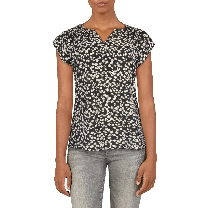 lily morgan Women's Simply Chic Printed Short Sleeve Blouse with Knit Back Double Button Blouse