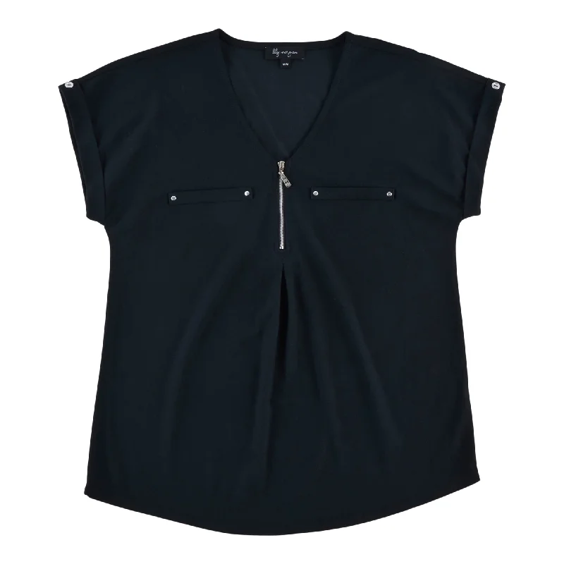 lily morgan Women's V-Neck Zip Cuffed Blouse Casual Button Blouse