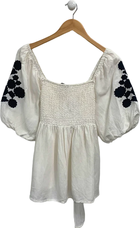 Mint Velvet White Smocked Embroidered Blouse UK M Delicate Bow Blouse