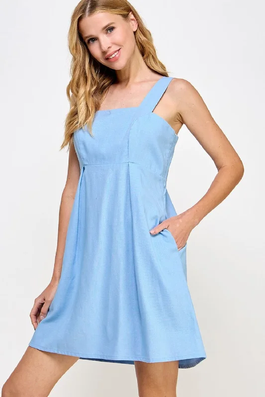 Petite Linen-blend Mini Dress (Blue) Casual High-Waist Mini Dress