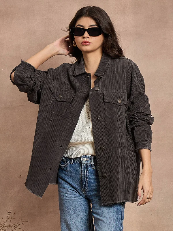 Women Dark Grey Corduroy Oversize Shacket Smart Casual Blouse