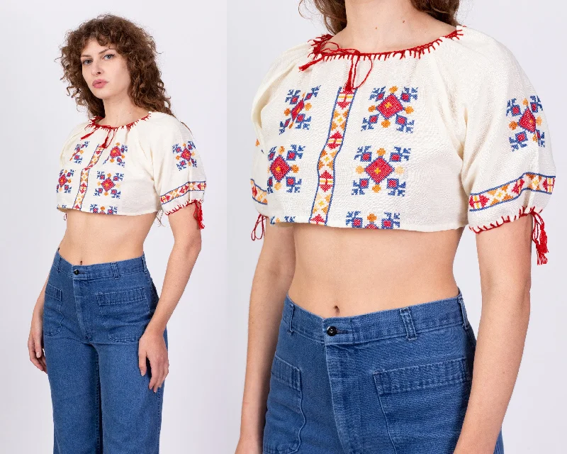 Vintage 30s Embroidered Romanian Peasant Blouse - Petite Medium Boho Printed Blouse