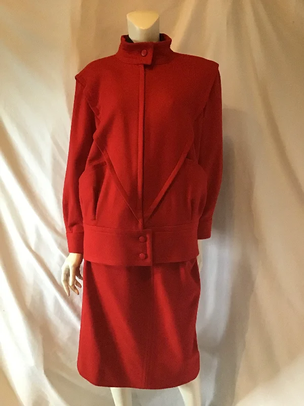 Courèges 1980's Red Wool Suit with blouse Size 8 Flowy Bohemian Blouse