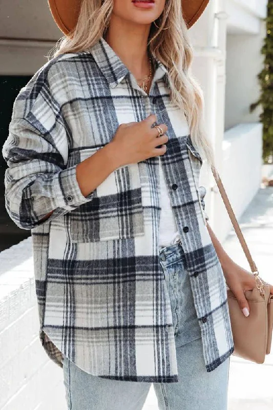 White Plaid Shacket Feminine Pastel Blouse