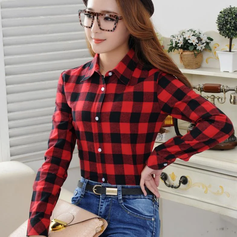 2018 Spring New Fashion Casual Lapel Plus Size Blouses women plaid shirt Checks Flannel Shirts Female Long Sleeve Tops Blouse Versatile Layering Blouse