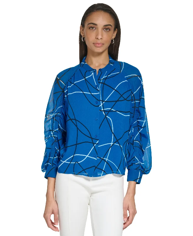 Abstract Print Cinched Long Sleeve Blouse Casual Button Blouse