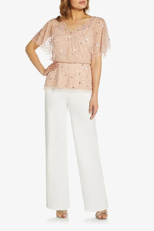 Adrianna Papell beaded mesh zippered flutter sleeve v neck blouse Frilled Cuff Blouse