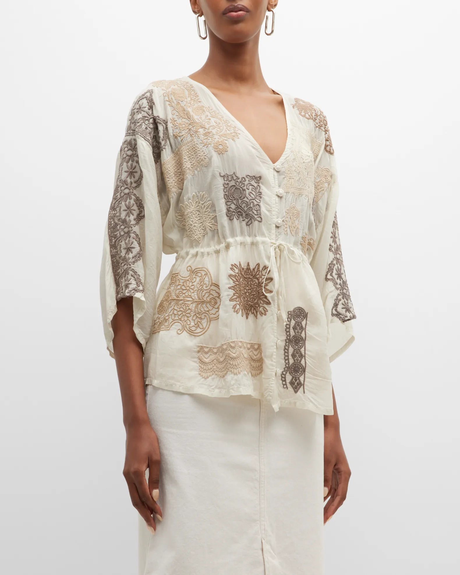 Johnny Was Button-Down Lace Blouse Frilled Cuff Blouse