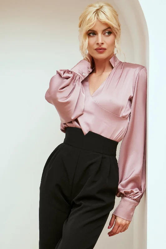 Dusty Pink Silk Puff-Sleeve Wrap Blouse Double Button Blouse