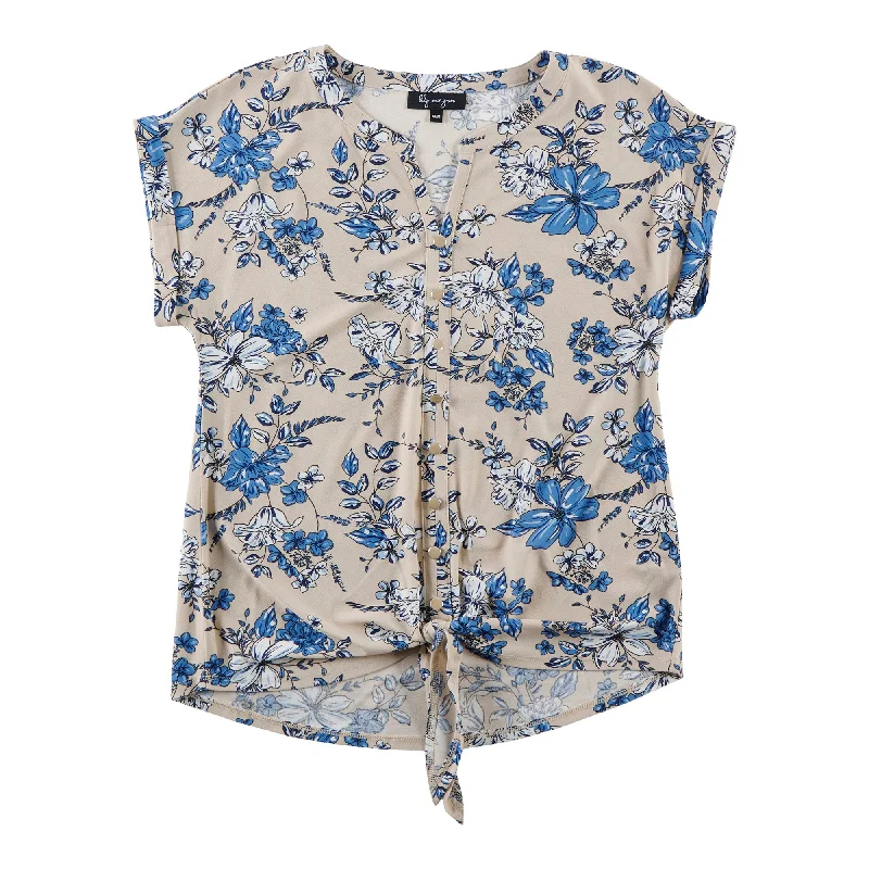 lily morgan Women's All-Over Printed Short Sleeve Blouse with Front Tie Flowy Bohemian Blouse